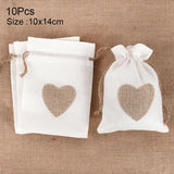 elvesmall 10Pcs Natural Linen Burlap Bag Heart Jute Drawstring Candy Gifts Packaging Bags For Wedding Birthday Party Decor Jewelry Pouches