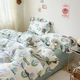 elvesmall Cute Floral Duvet Cover Set Ins Korean Style with Flat Sheet Pillowcase No filler Washed Cotton Queen Full Twin Home Bed Linen