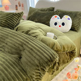 elvesmall Striped Bedding Sets Milk Velvet Winter Warm Four Piece Sets Thicken Bed Linen Quilt Cover Sheet Pillowcase King Bedroom Decor