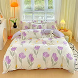 elvesmall Cute Pink Strawberry Duvet Cover Flat Sheet Pillowcase Floral Bedding Set Girls Bed Linen Soft Thick Washed Cotton Bedclothes