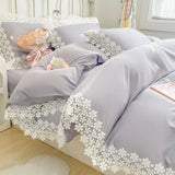 elvesmall  Solid Color Bedding Set with Lace Edge Princess Style Pink Bed Cover Set Queen/King Bed Sheet Sets for Girls Double Bedding Sets