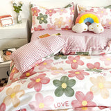 elvesmall  Cute Bear Bedding Set Girls Boys Kids Single Double Size Flat Sheet Duvet Cover Pillowcase Bed Linens White Blue Home Textile