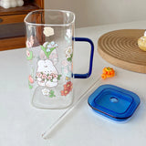 elvesmall  -  750ml Kawaii Animal Glass Cups With Lid  And Straw Cute Coffee Mugs Glasses For Drinks Tea Water Milk Juice Beer Cup Drinkware
