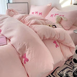 elvesmall Cute Pink Bows Duvet Cover Set, 3D Embroidery Bedding Sets Pink Bed Set, Comfy Queen Comforter Covers Soft for Girls Kids Teens