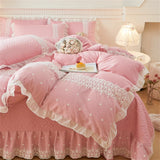 elvesmall Korean Luxury Lace Ruffles Bedding Set Skin-Friendly Washed Cotton Princess Style Duvet Cover Bed Sheet Pillowcase Home Textiles