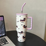elvesmall 1200ml Kawaii Puppy Thermos Mug Tumbler For Ice Coffee Water Tea Large Cute Stainless Steel Car Thermal Cups With Straw Handle
