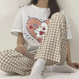elvesmall Plaid Pajamas Pants for Women Sleep Korean Style Sleepwear Summer Ankle Length Bottoms Home Room Elastic Waist Sleeping Wear New