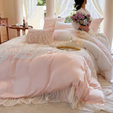 elvesmall 600TC Bamboo Lyocell Premium Elegant Sweet Bedding Set French Romance Flowers Embroidery White Lace Ruffle edge Duvet Cover 4Pcs