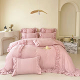 elvesmall Korean Princess Style Lace Ruffles Bedding Set Solid Color Duvet Cover Set Flat/Fitted Bed Sheet Pillowcases With Pillowcases