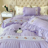 elvesmall French Embroidered Lace Bubble Gauze Bedding Set Pink Elegant Princess Style Queen Duvet Cover Set Ruffled Comforter Cover Sets