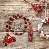 elvesmall  Christmas Wood Bead Garland With Red Truck Snowflake Pendant Xmas Wooden Bead Garland Tassel Rustic Farmhouse Christmas Decor