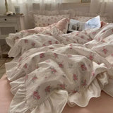 elvesmall Ins Korean Small Fresh Cotton Bed Four-piece Set, Spring and Summer French Lotus Leaf Lace Bed Sheet Quilt Cover Pure Cotton