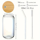 elvesmall  -  1/2/4pcs Drinking Glasses With Bamboo Lids And Glass Straw Set 16oz Can Shaped Glass Cups Beer Iced Coffee Glasses Tumbler Cup