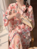 elvesmall Peach Robe for Women V-neck Summer Sleepwear Nightdress Japanese Solid Night Wears One Piece Lace-up Korean Reviews Many Pajama