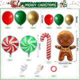 elvesmall Christmas Balloon Garland Arch Chain Set Red Green Gold Candy Balloons with Gingerbread Man Candy Cane and Lollipop Decorations