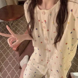 elvesmall Flroal Sleepwear Women Pajama Sets Summer Piiama Korean Sets for Women 2 Pieces Home Suit Button Night Wears Cute Pyjamas New