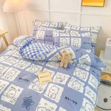 elvesmall  Cute Bear Bedding Set Girls Boys Kids Single Double Size Flat Sheet Duvet Cover Pillowcase Bed Linens White Blue Home Textile