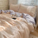elvesmall 100%Washed Silk Sheet Set Embroidery Duvet cover Pillowcases Comfy Simple Soft Textured Cool Refreshing Feel Bedding For Summer
