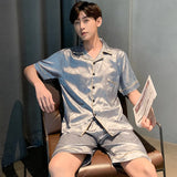 elvesmall  Pajamas Men Summer Short Sleeved Ice Silk Thin Breathable Homewear Set Male Sleep Cloth Suit Gentlemen Satin Nightwear Youth Boy