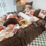 elvesmall Princess Style Pleated Lace Autumn and Winter Caramel Color Four-piece Bedding Set Quilt Cover Bed Sheet Bed Skirt Bed Sheet
