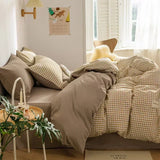 elvesmall Japan Style Plaid Queen Size Duvet Cover Set with Sheets High Quality Skin Friendly Bedding Set King Single Double Bedding Sets