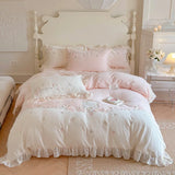 elvesmall  French Romantic Bedding Set Luxury Flower Embroidery Princess Pink Ruffle Milk Velvet Quilt Duvet Cover Bed Sheet Set Bedclothes
