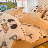 elvesmall  Winter Thickened Warm Flannel Queen Bedding Set Home Textile Cartoon Cute Duvet Cover Sheet Pillowcase 4pcs Luxury Bed Linen Set
