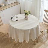 elvesmall Linen Cotton Plain Tablecloth with Tassels Round Table Household Circular Table Cover Home Party Table Wedding Decoration