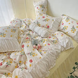 elvesmall Princess Style Pleated Lace Autumn and Winter Caramel Color Four-piece Bedding Set Quilt Cover Bed Sheet Bed Skirt Bed Sheet