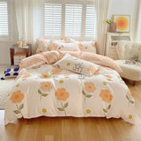 elvesmall Cute Pink Strawberry Duvet Cover Flat Sheet Pillowcase Floral Bedding Set Girls Bed Linen Soft Thick Washed Cotton Bedclothes