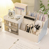 elvesmall Desktop Transparent Cosmetics Storage Box Desktop Organizer with Drawers Pen Holder Stationary Storage Rack for Office Desks