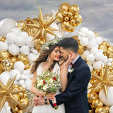 elvesmall 121Pcs White and Gold Balloons Garland Arch Kit with Starburst Foil Balloons for Wedding Anniversary Birthday Party Decorations