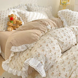 elvesmall Fresh Floral Duvet Cover Set No Filler Lace Ruffles Bedding Washed Cotton Bed Linens Flat Sheet Pillowcase for Girls 200x230cm