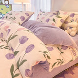 elvesmall  Winter Thickened Warm Flannel Queen Bedding Set Home Textile Cartoon Cute Duvet Cover Sheet Pillowcase 4pcs Luxury Bed Linen Set