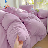 elvesmall INS Purple Solid Color Bedding Sets High Quality Washed Cotton Duvet Cover with Soft Bed Sheets Pillowcase Girls Kids Bedclothes