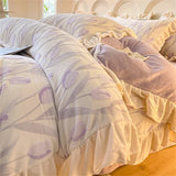 elvesmall  New Bedding Set High Weight Carved Milk Flour Set Girl Ruffle Bed Tulip Thicken Warm Quilt Cover Sheet Pillowcase Decor Bedroom