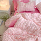 elvesmall Pink Ruffled Seersucker Duvet Cover Set Soft Lightweight Solid Color Bedding with Bed Sheet and Pillowcases Single Twin Ful Size