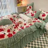 elvesmall Princess Style Pleated Lace Autumn and Winter Caramel Color Four-piece Bedding Set Quilt Cover Bed Sheet Bed Skirt Bed Sheet