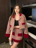 srczz  - Autumn Elegant Tweed Plaid Skirt Sets Women Sweet Chic Pearl Bow Woolen Jackets Mini Skirts Suit Korean Female Outfits