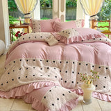 elvesmall Korean Princess Style Chiffon Bedding Set 100% Cotton Elegant King Size Duvet Cover Set with Sheets Quilt Cover and Pillowcases
