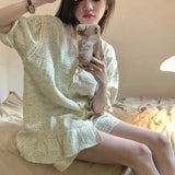 elvesmall  Floral Sleepwear Women Pajamas Sets for Home Summer Ruffles Shorts Sleeve Lace 2 Pieces Button Night Wears Korean Home Suit