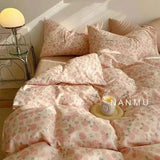 elvesmall Romantic Rose Pink Floral Bedding Set Double Size Flat Sheet Duvet Cover and Pillowcase For Girls Soft Bed Linen Home Textile