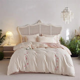 elvesmall Long-staple Cotton Floral Blossom Embroidery Comfortable Ultra Soft (1Duvet Cover+1Flat Bedsheet/Fitted Bedsheet+ 2Pillowcases)