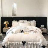 elvesmall Chic Multi Layer Ruffle 3/4/6Pcs White Duvet Cover Set Soft Microfiber Girls Bedding with Cute Bow-Knots Bed Sheet Pillowcases