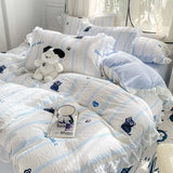 elvesmall French Golden Sunflower Floral Lace Seersucker Bedding Set Washed Cotton Four-piece Set Student Bed Sheet Three-piece Set