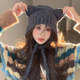 elvesmall Autumn Winter Cute Bear Ear Thermal Knitted Hat Women with Tape Ear Protection Beanie Hat Japanese Korean Versatile Skullies Hat