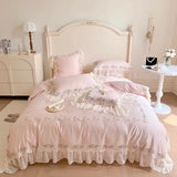elvesmall  Princess Bedding Sets Egyptian Cotton Pink Lace Flowers Embroidery Duvet Cover Bed Sheet Pillowcases Home Textile