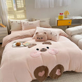 elvesmall  Cute Cartoon Bear Soft Comfortable Velvet Fleece Towel Embroidery Bedding Set Duvet Cover Linen Fitted Sheet Pillowcases