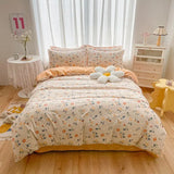 elvesmall Cute Pink Strawberry Duvet Cover Flat Sheet Pillowcase Floral Bedding Set Girls Bed Linen Soft Thick Washed Cotton Bedclothes
