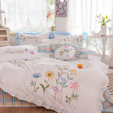 elvesmall  white pastoral style flowers Embroidered Ruffle Cotton Bedding Set Duvet Cover Bed Linen Fitted Sheet Pillowcases Home textiles